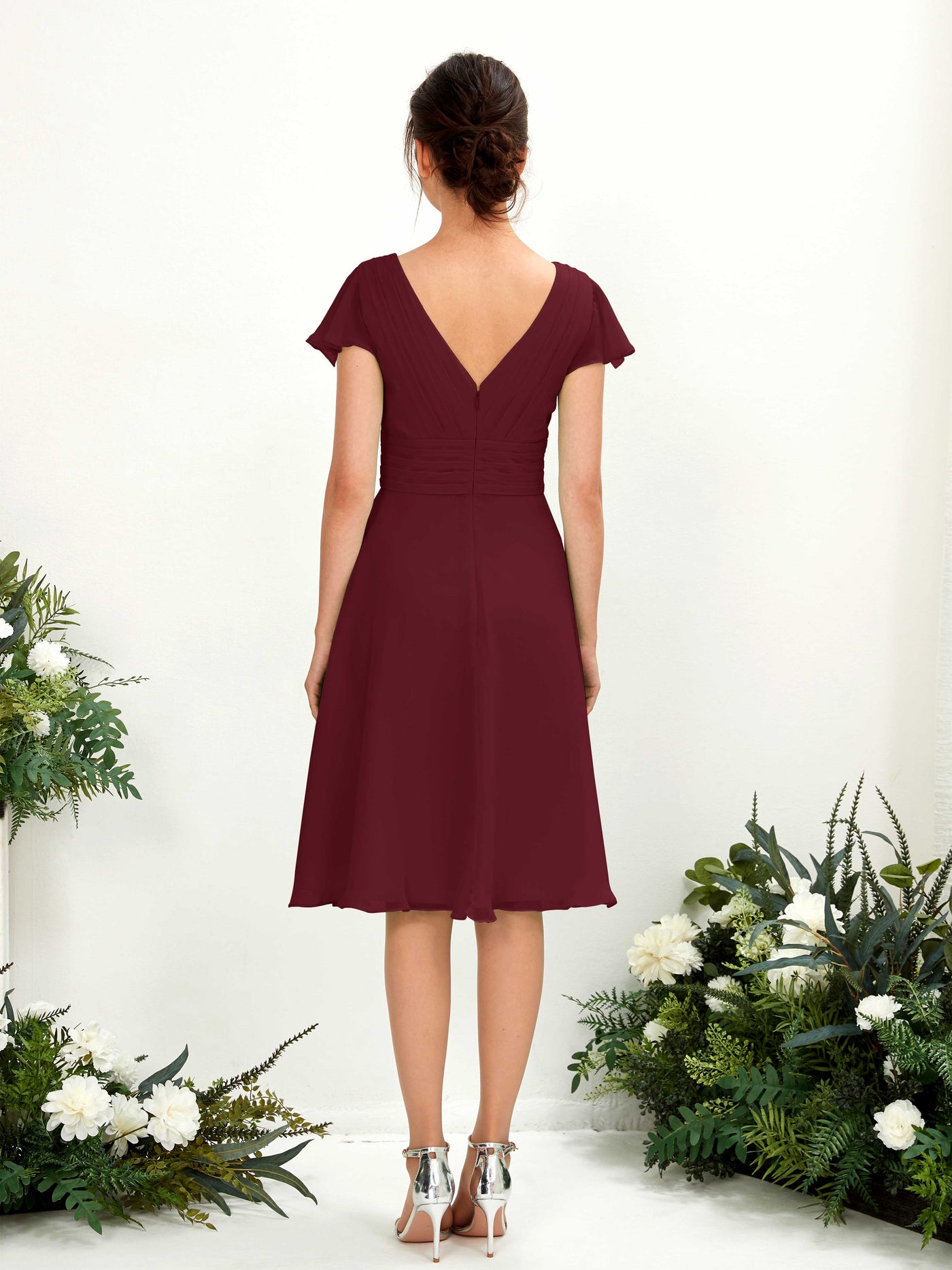 V-neck Short Sleeves Chiffon Bridesmaid Dress - Burgundy (81220212)#color_burgundy