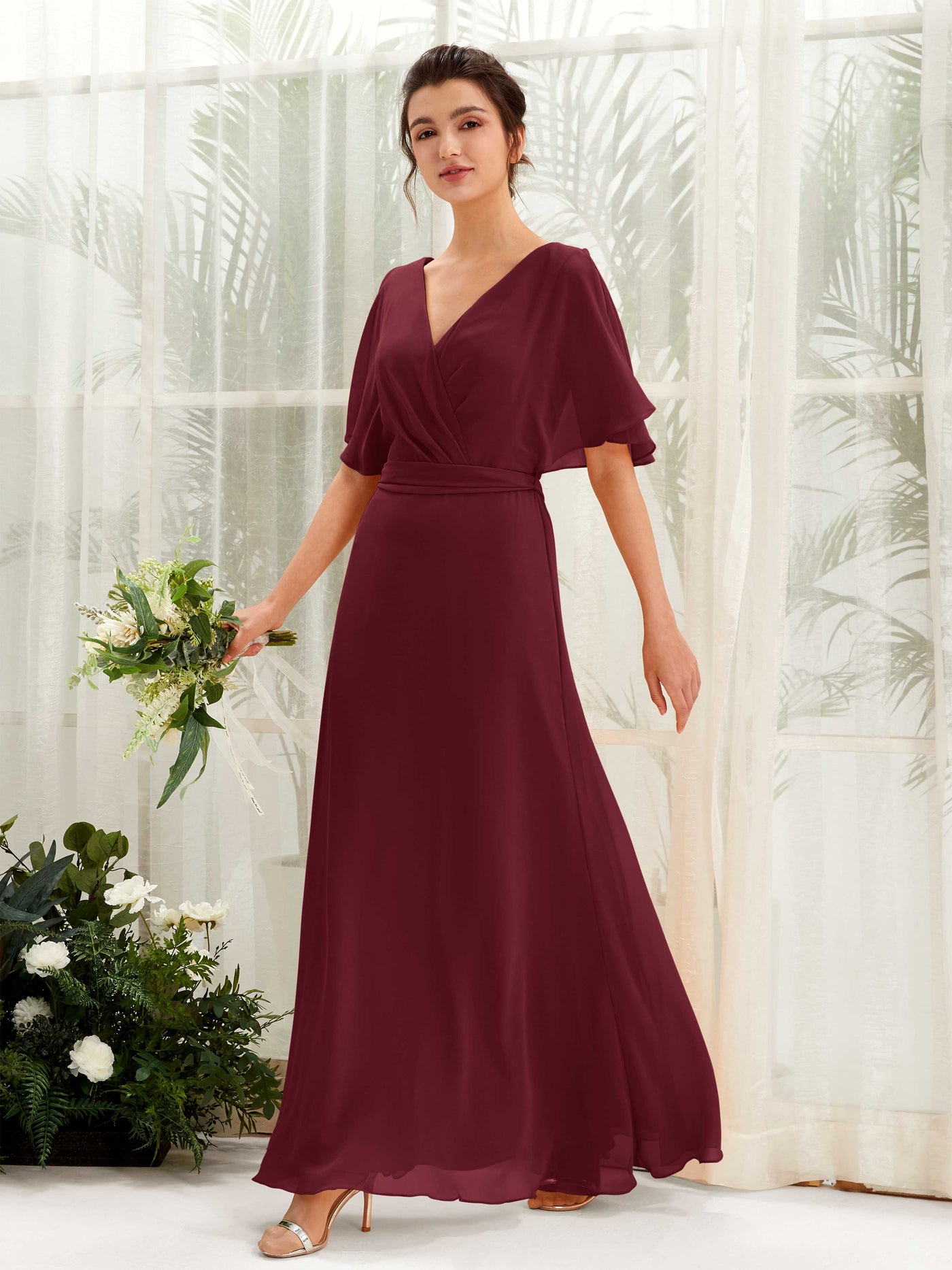 V-neck Short Sleeves Chiffon Bridesmaid Dress - Burgundy (81222412)#color_burgundy