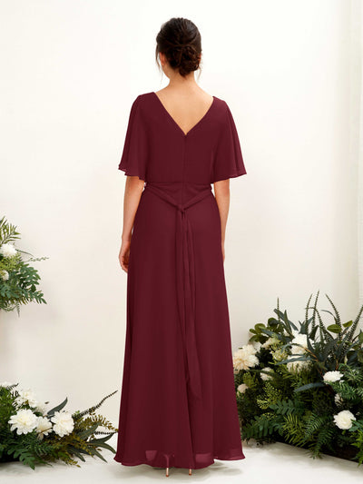 Carlyna Merta A-Line Burgundy Bridesmaid Dress Maxi Short Sleeve V-Neck Dress #color_burgundy