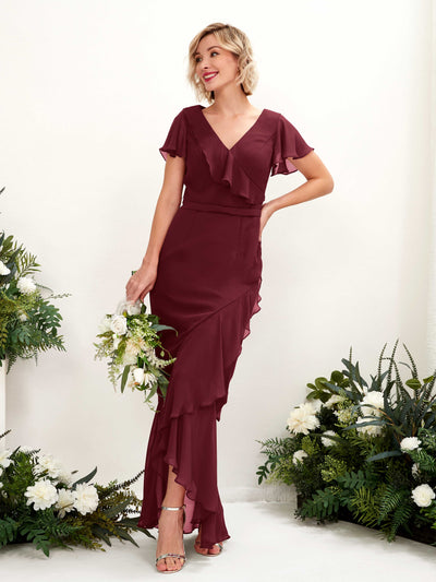 Carlyna Eartha Mermaid Burgundy Bridesmaid Dress Maxi Cap Sleeve V-Neck Dress Front View #color_burgundy