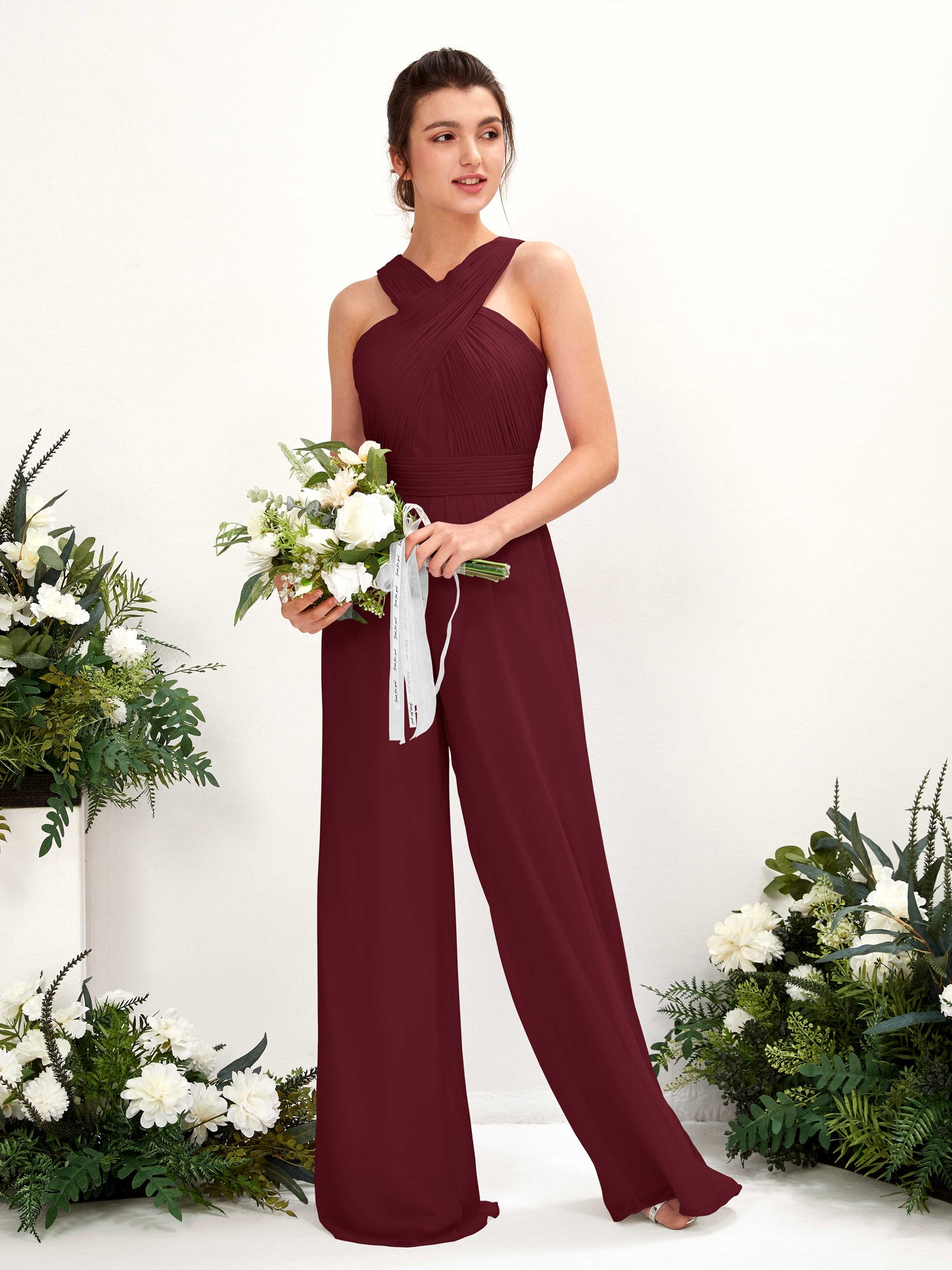 V-neck Sleeveless Chiffon Bridesmaid Dress Wide-Leg Jumpsuit - Burgundy (81220712)#color_burgundy