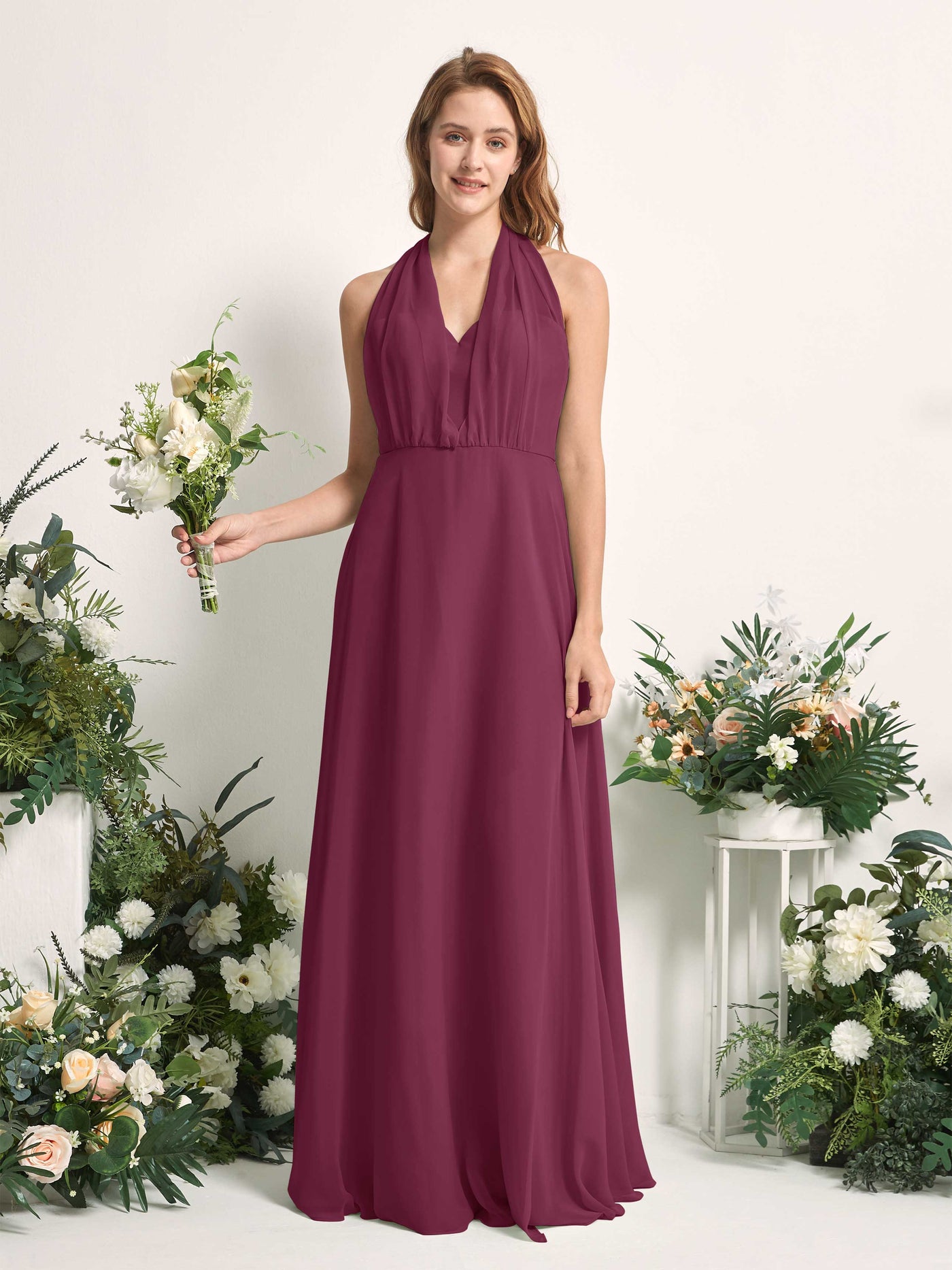 Bridesmaid Dress A-line Chiffon Halter Full Length Short Sleeves Wedding Party Dress - Chianti (81226334)#color_chianti