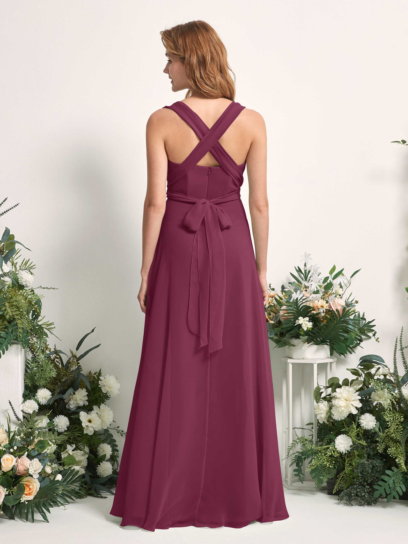 Bridesmaid Dress A-line Chiffon Halter Full Length Short Sleeves Wedding Party Dress - Chianti (81226334)#color_chianti