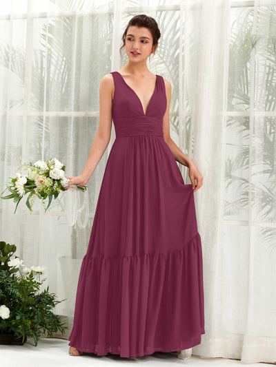 Carlyna Alissa A-Line Chianti Bridesmaid Dress Maxi Sleeveless V-Neck Dress Front View #color_chianti