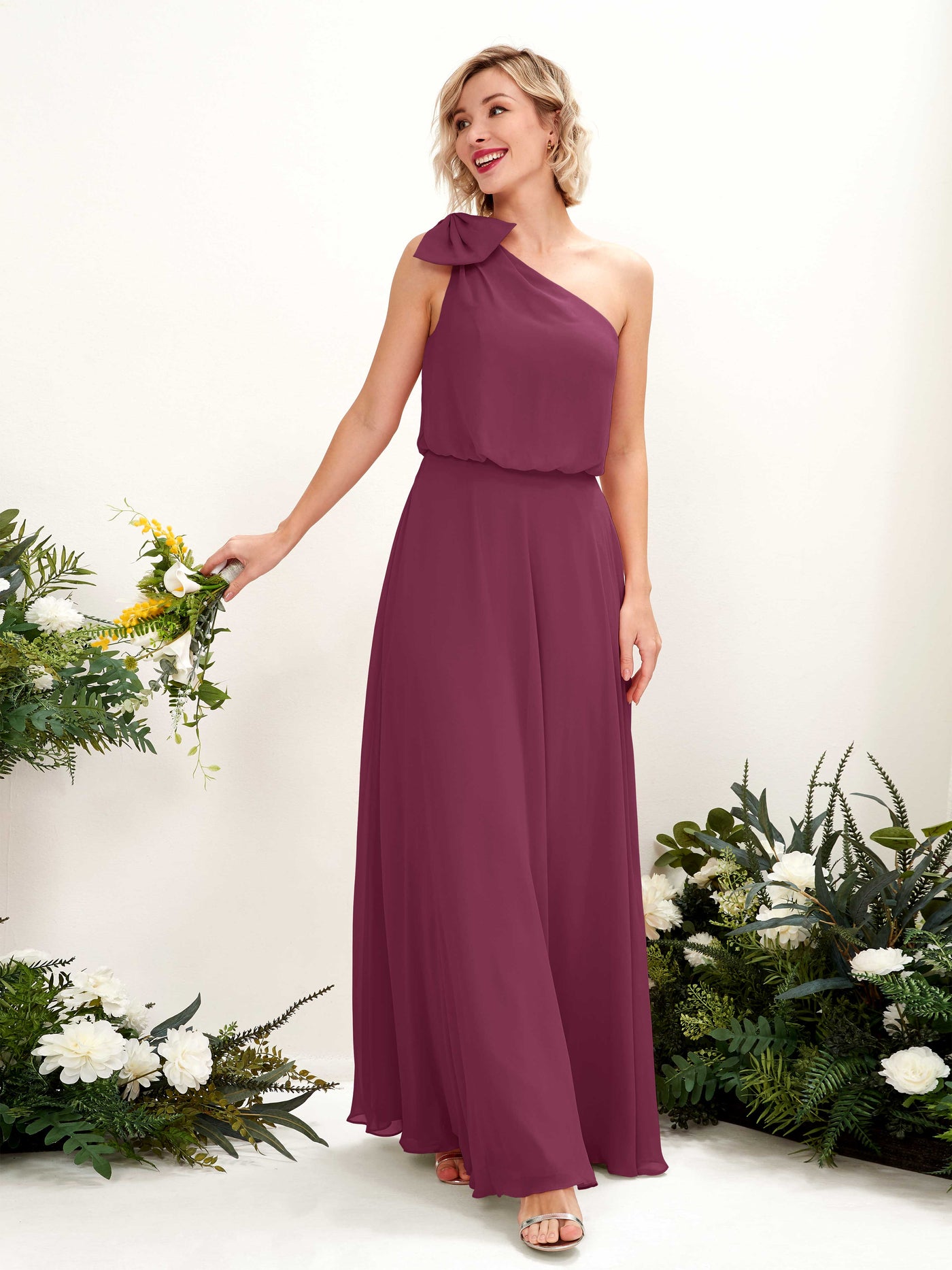 A-line One Shoulder Sleeveless Chiffon Bridesmaid Dress - Chianti (81225534)#color_chianti