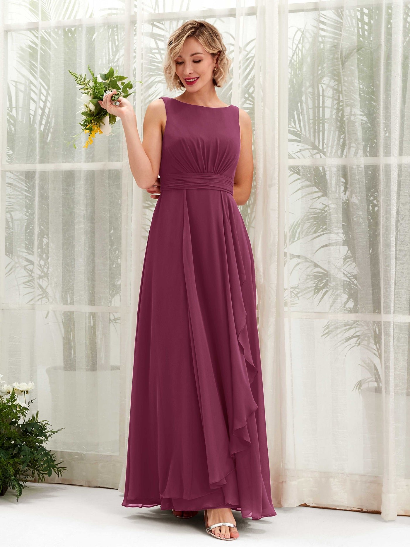 A-line Bateau Sleeveless Chiffon Bridesmaid Dress - Chianti (81225834)#color_chianti