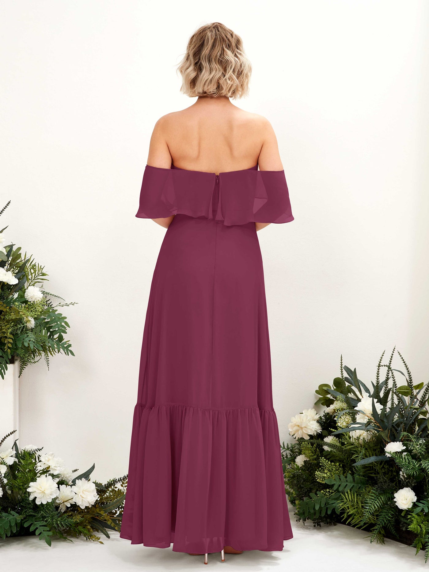 A-line Off Shoulder Chiffon Bridesmaid Dress - Chianti (81224534)#color_chianti