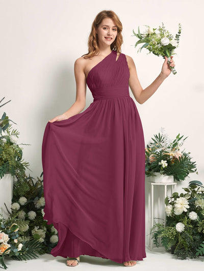Carlyna Evelyn A-Line Chianti Bridesmaid Dress Maxi Sleeveless One Shoulder Dress Front View #color_chianti