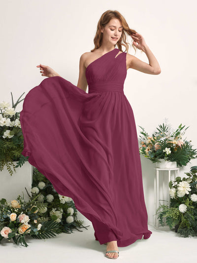 Carlyna Evelyn A-Line Chianti Bridesmaid Dress Maxi Sleeveless One Shoulder Dress Side View 2 #color_chianti