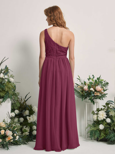 Carlyna Bonita A-Line Chianti Embroidered Bridesmaid Dress Maxi Sleeveless One Shoulder Dress Back View #color_chianti