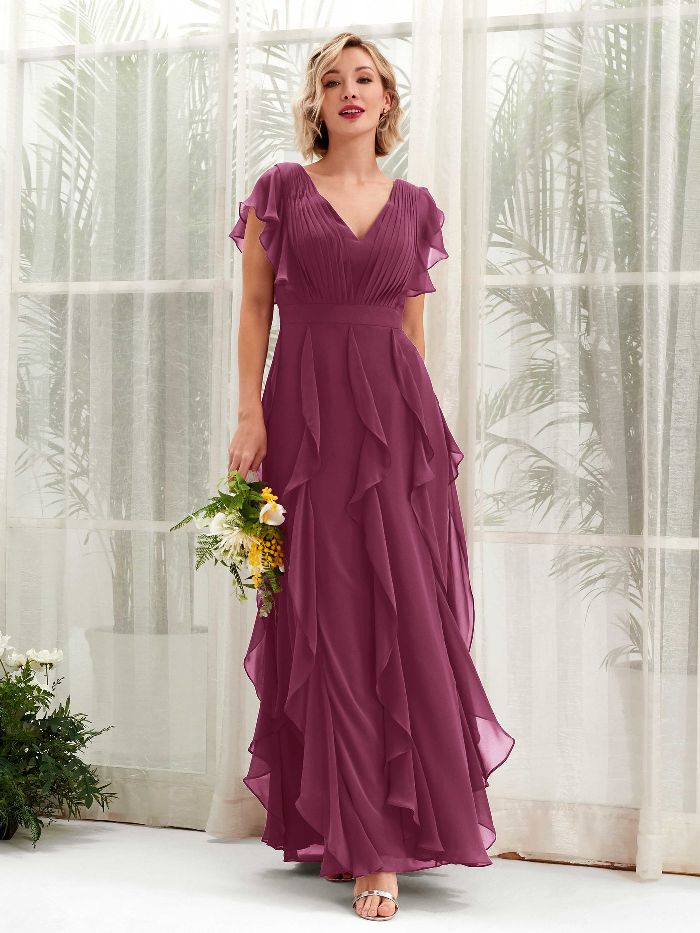A-line V-neck Short Sleeves Chiffon Bridesmaid Dress - Chianti (81226034)#color_chianti