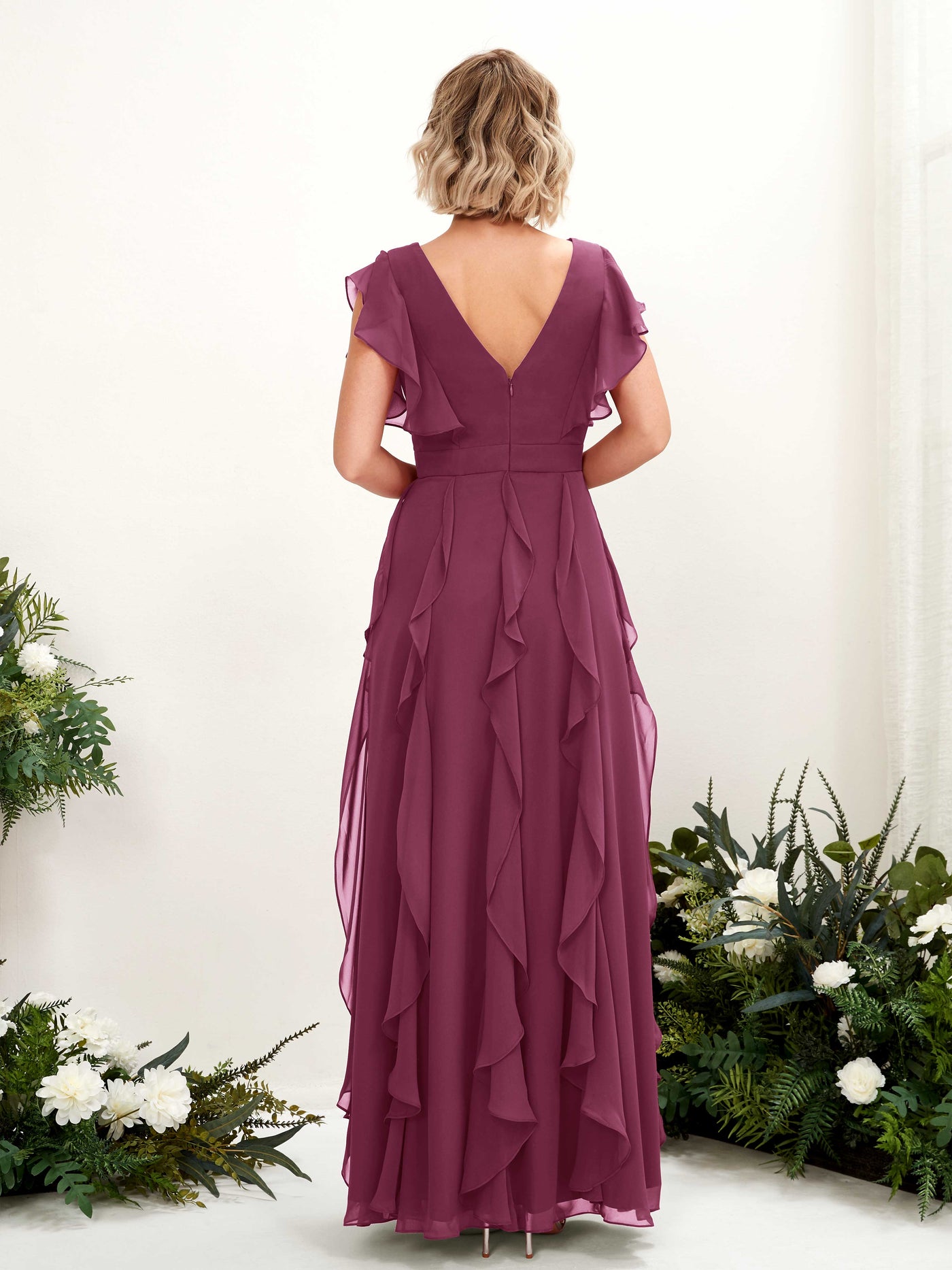 A-line V-neck Short Sleeves Chiffon Bridesmaid Dress - Chianti (81226034)#color_chianti