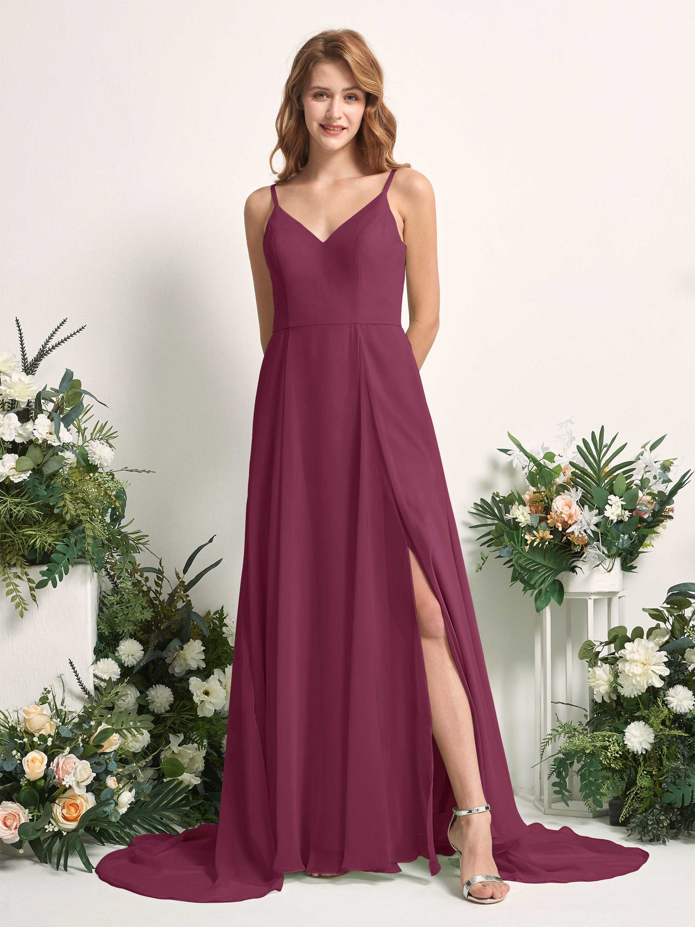 Bridesmaid Dress A-line Chiffon Spaghetti-straps Full Length Sleeveless Wedding Party Dress - Chianti (81227734)#color_chianti