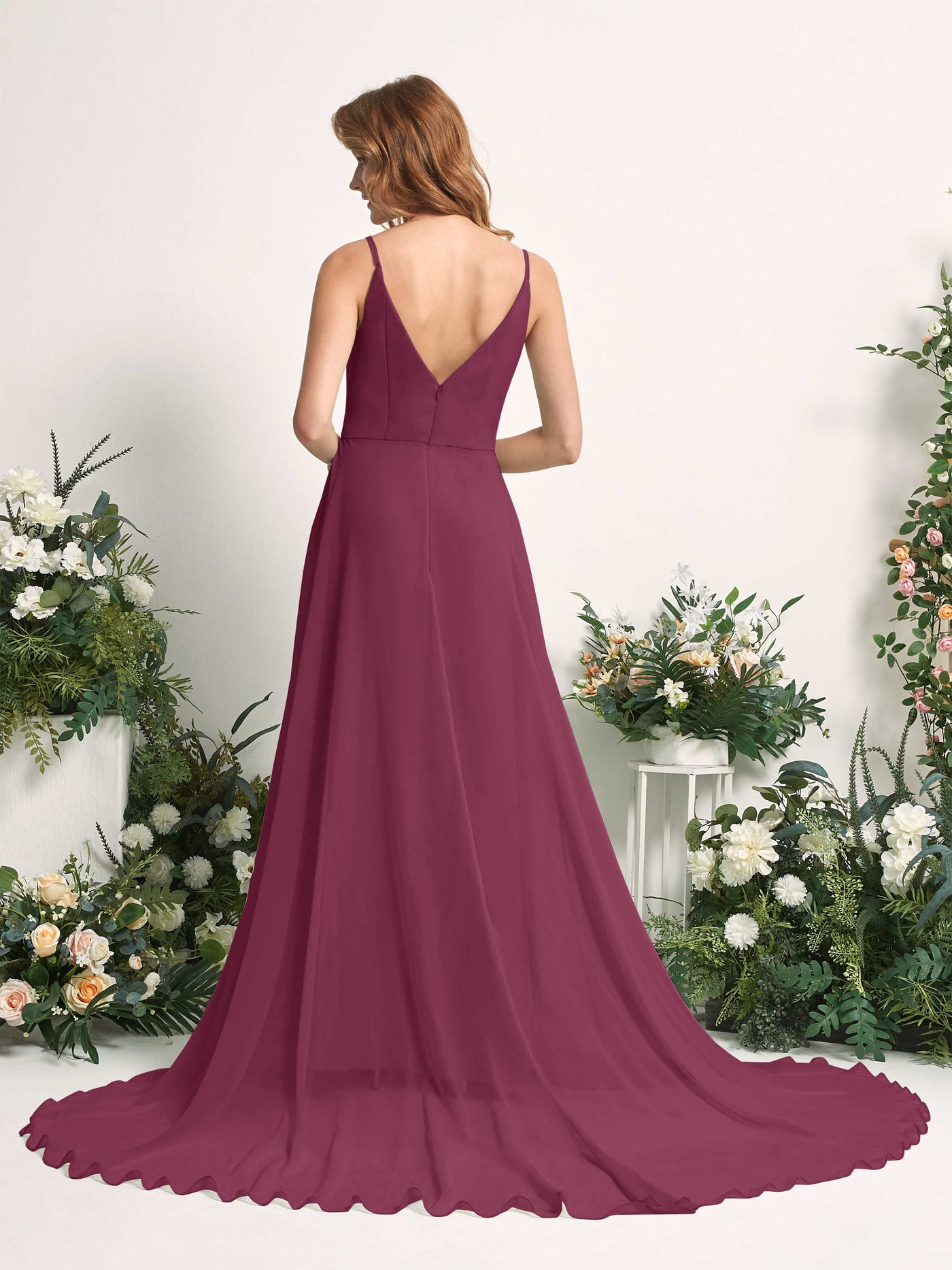 Bridesmaid Dress A-line Chiffon Spaghetti-straps Full Length Sleeveless Wedding Party Dress - Chianti (81227734)#color_chianti