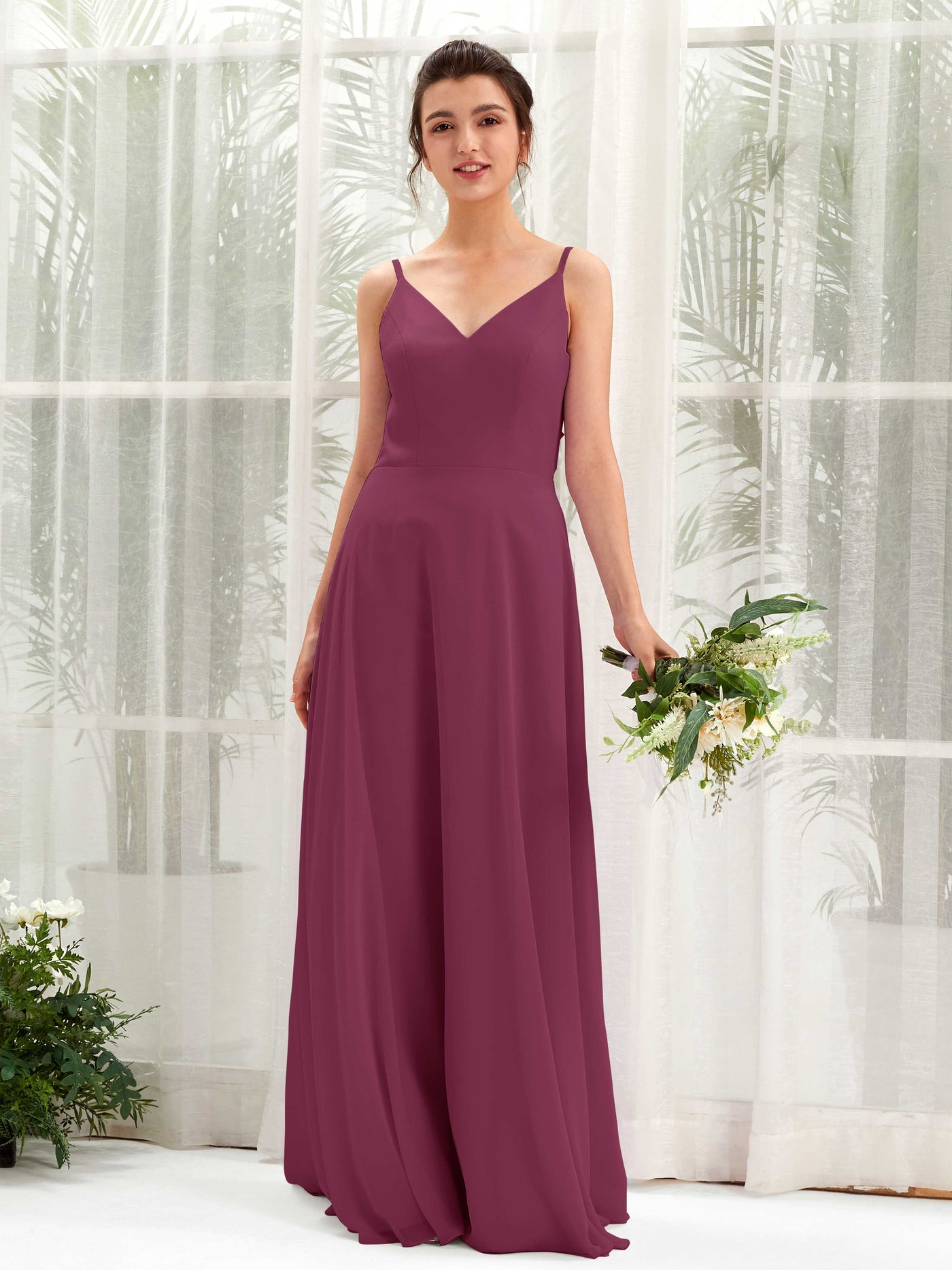 A-line Spaghetti-straps V-neck Sleeveless Chiffon Bridesmaid Dress - Chianti (81220634)#color_chianti