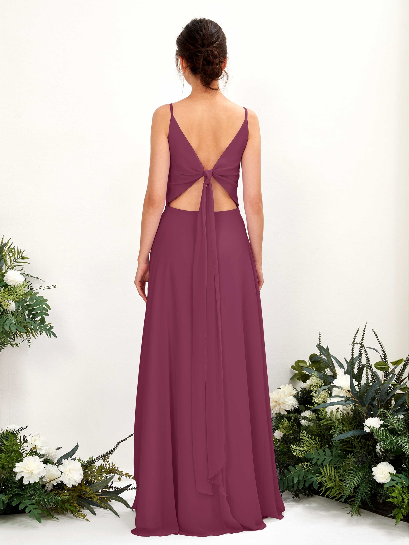 A-line Spaghetti-straps V-neck Sleeveless Chiffon Bridesmaid Dress - Chianti (81220634)#color_chianti