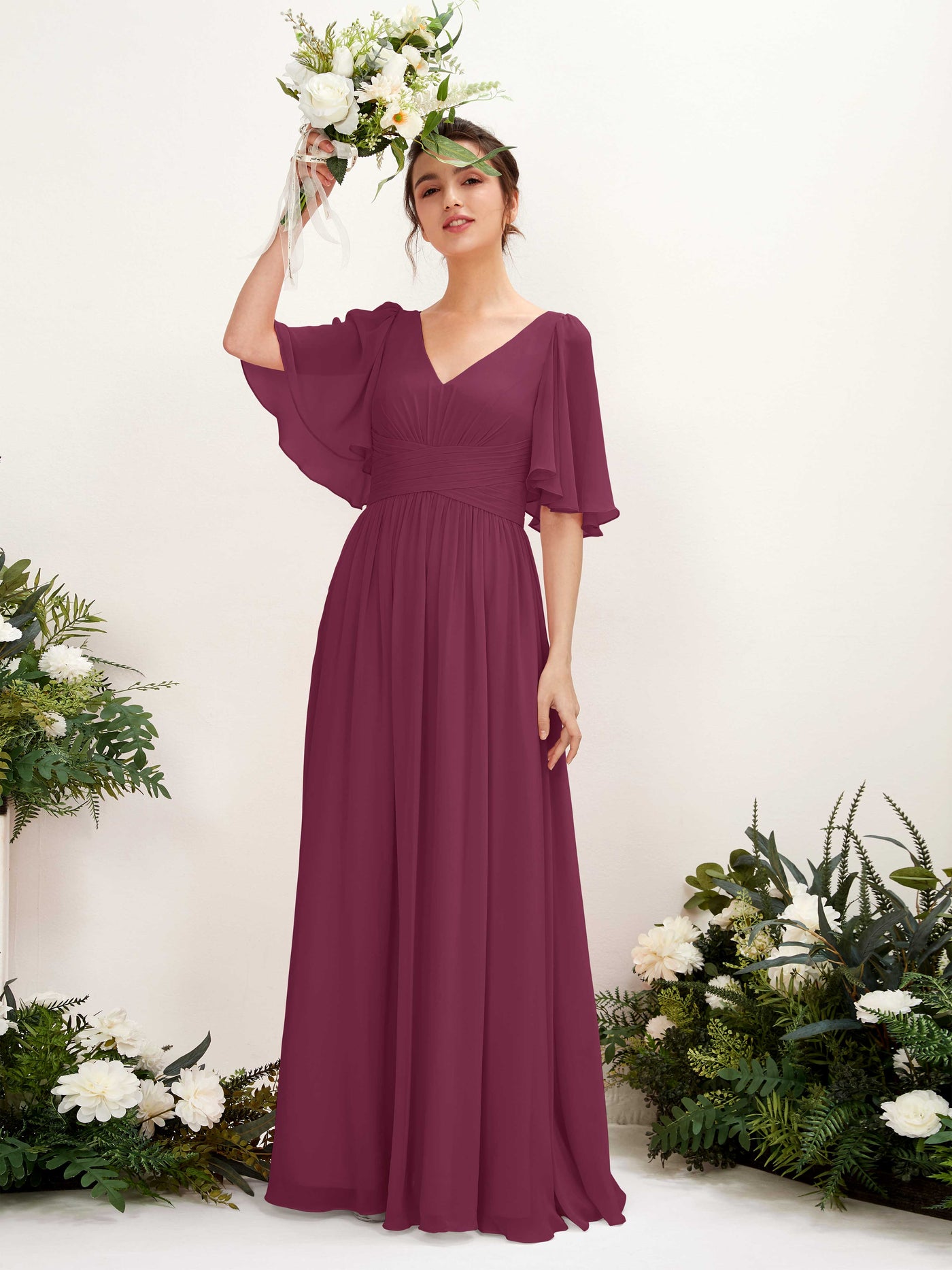 A-line V-neck 1/2 Sleeves Chiffon Bridesmaid Dress - Chianti (81221634)#color_chianti