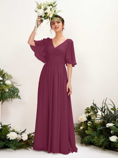 Carlyna Odette A-Line Chianti Bridesmaid Dress Maxi Short Sleeve V-Neck Dress #color_chianti