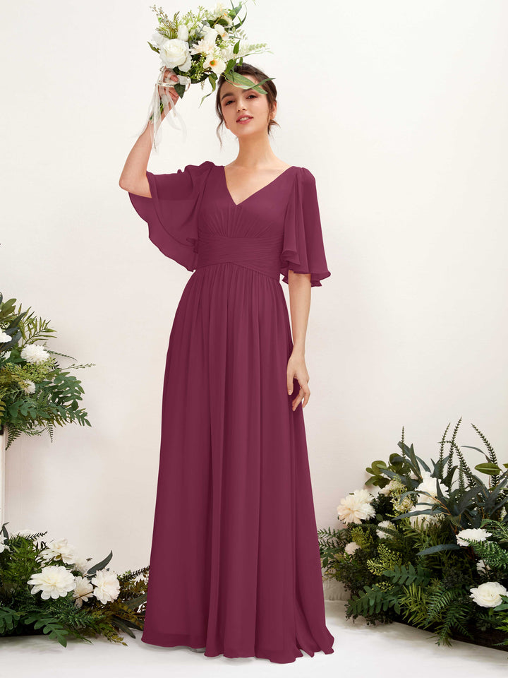 A-line V-neck 1/2 Sleeves Chiffon Bridesmaid Dress - Chianti (81221634)