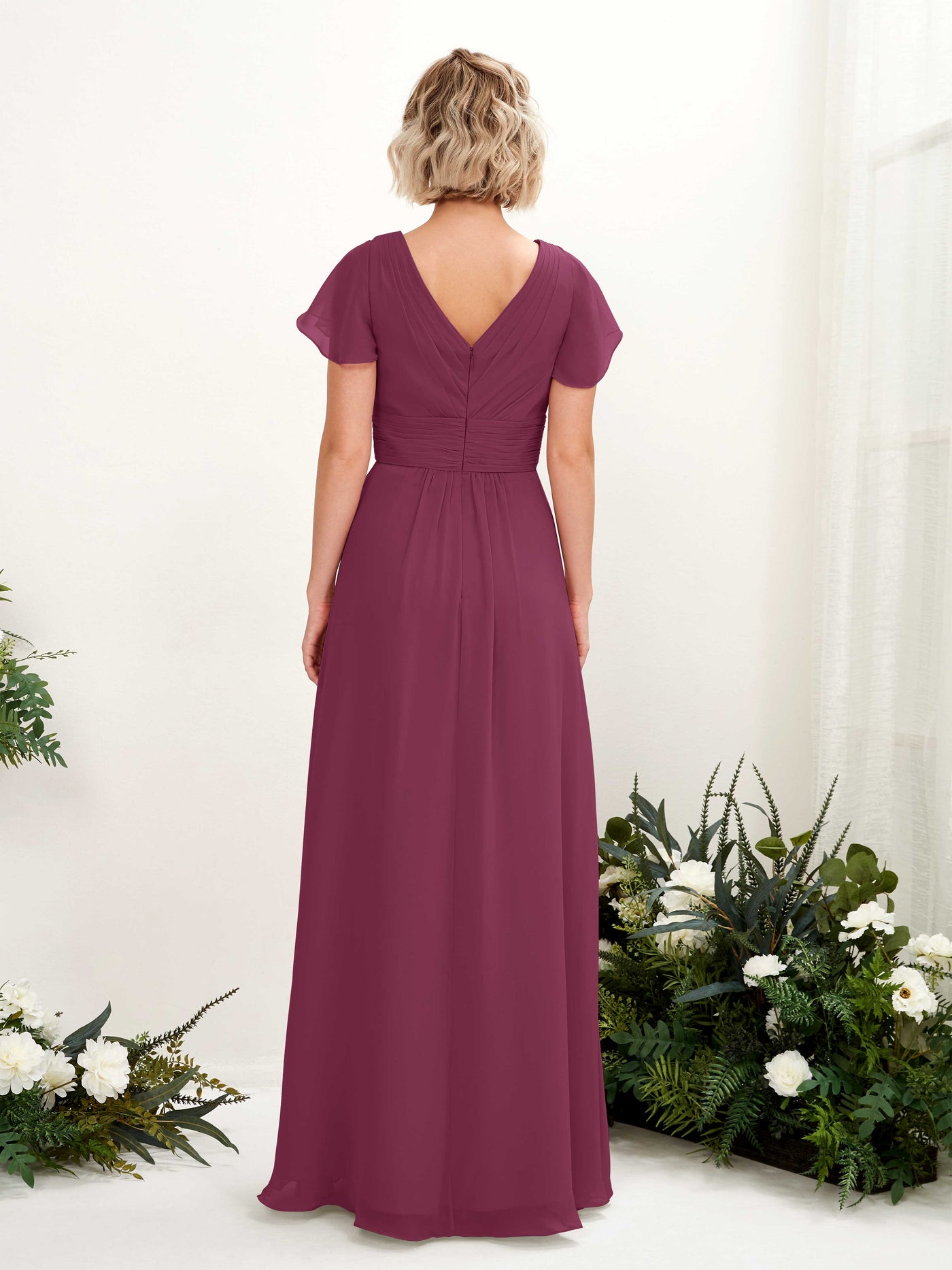 A-line V-neck Cap Sleeves Chiffon Bridesmaid Dress - Chianti (81224334)#color_chianti