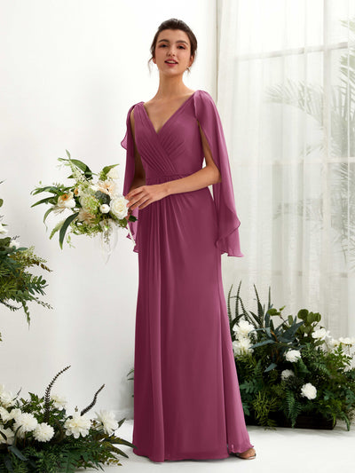 Carlyna Alain A-Line Chianti Bridesmaid Dress Maxi Cap Sleeve V-Neck Dress Front View #color_chianti