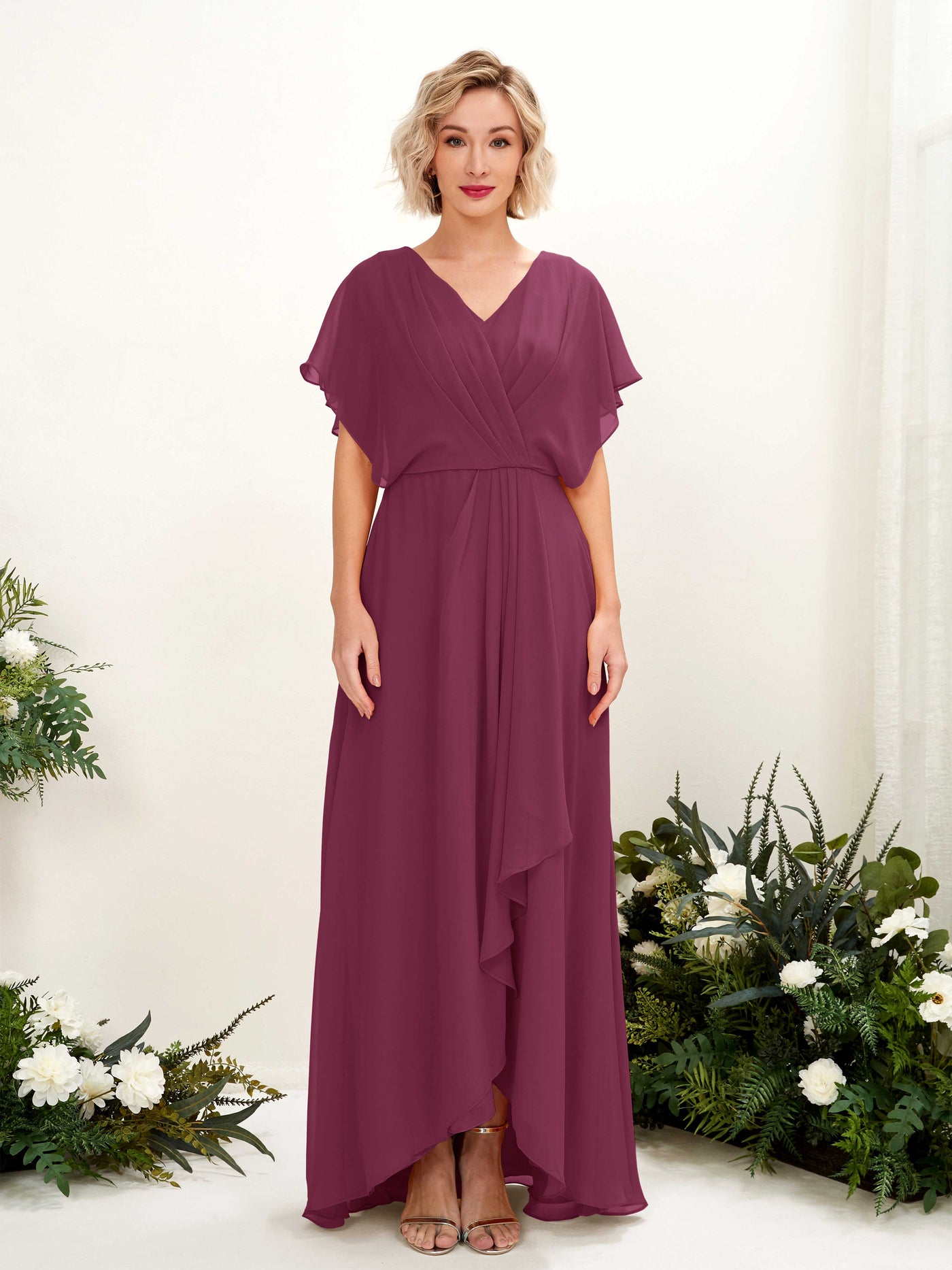 A-line V-neck Short Sleeves Chiffon Bridesmaid Dress - Chianti (81222134)#color_chianti