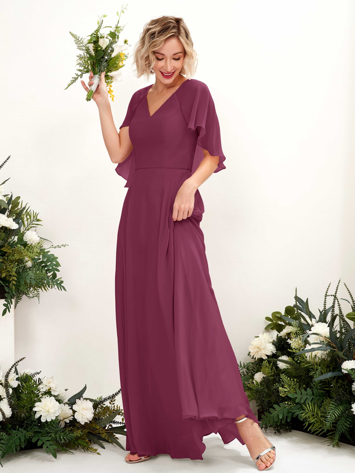A-line V-neck Short Sleeves Chiffon Bridesmaid Dress - Chianti (81224434)#color_chianti