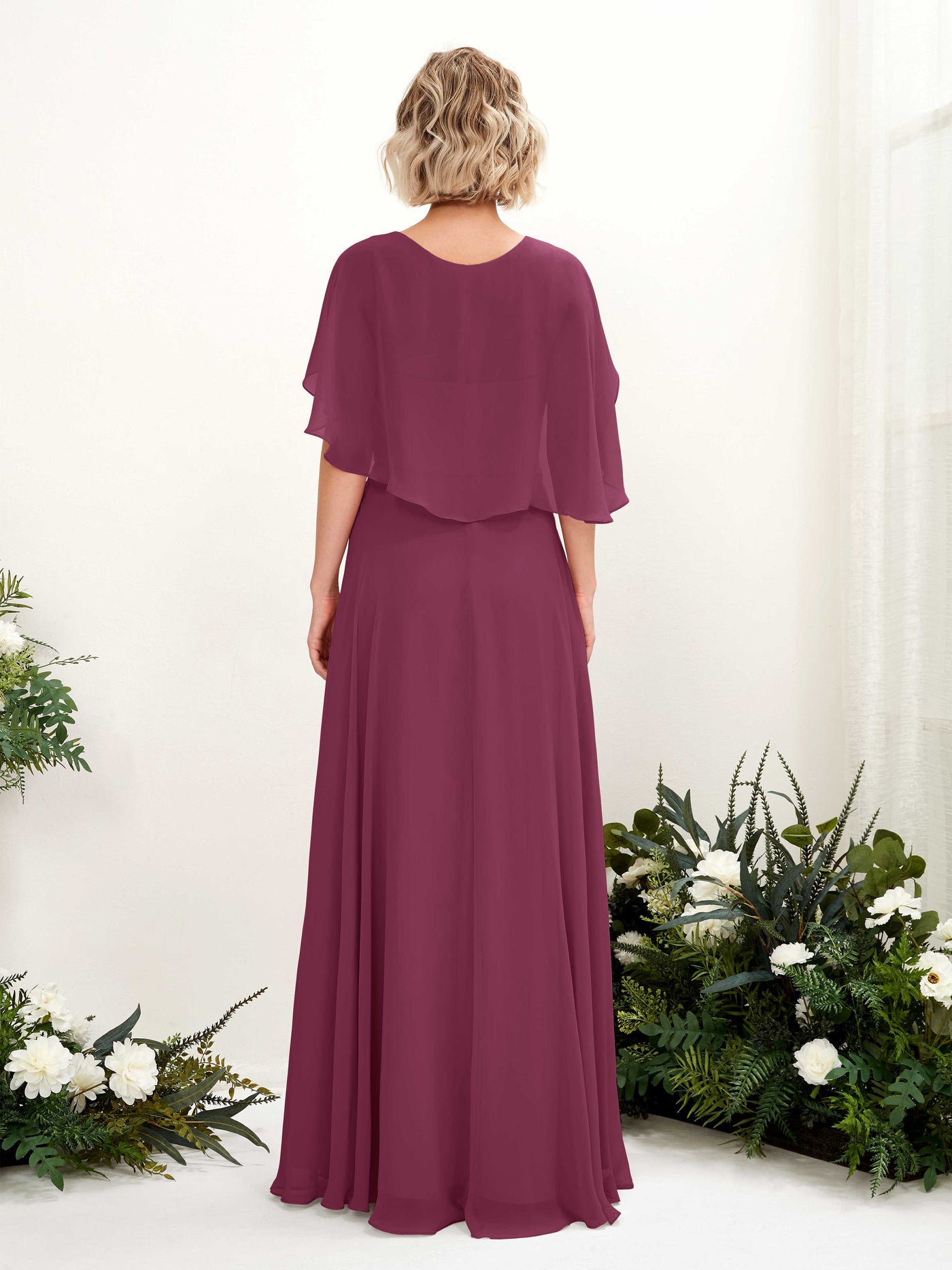 A-line V-neck Short Sleeves Chiffon Bridesmaid Dress - Chianti (81224434)#color_chianti