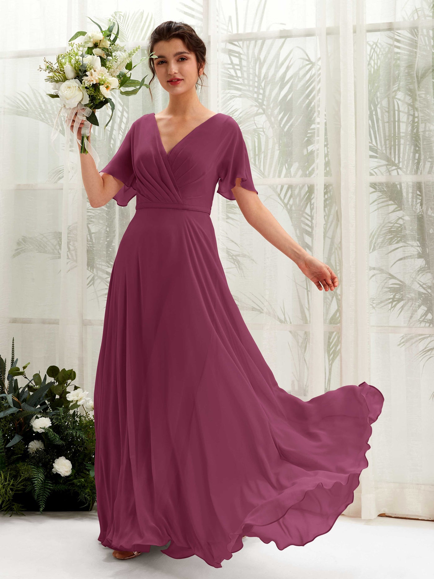 A-line V-neck Short Sleeves Chiffon Bridesmaid Dress - Chianti (81224634)#color_chianti