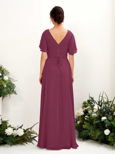 Carlyna Daphne A-Line Chianti Bridesmaid Dress Maxi Short Sleeve V-Neck Dress Back View #color_chianti