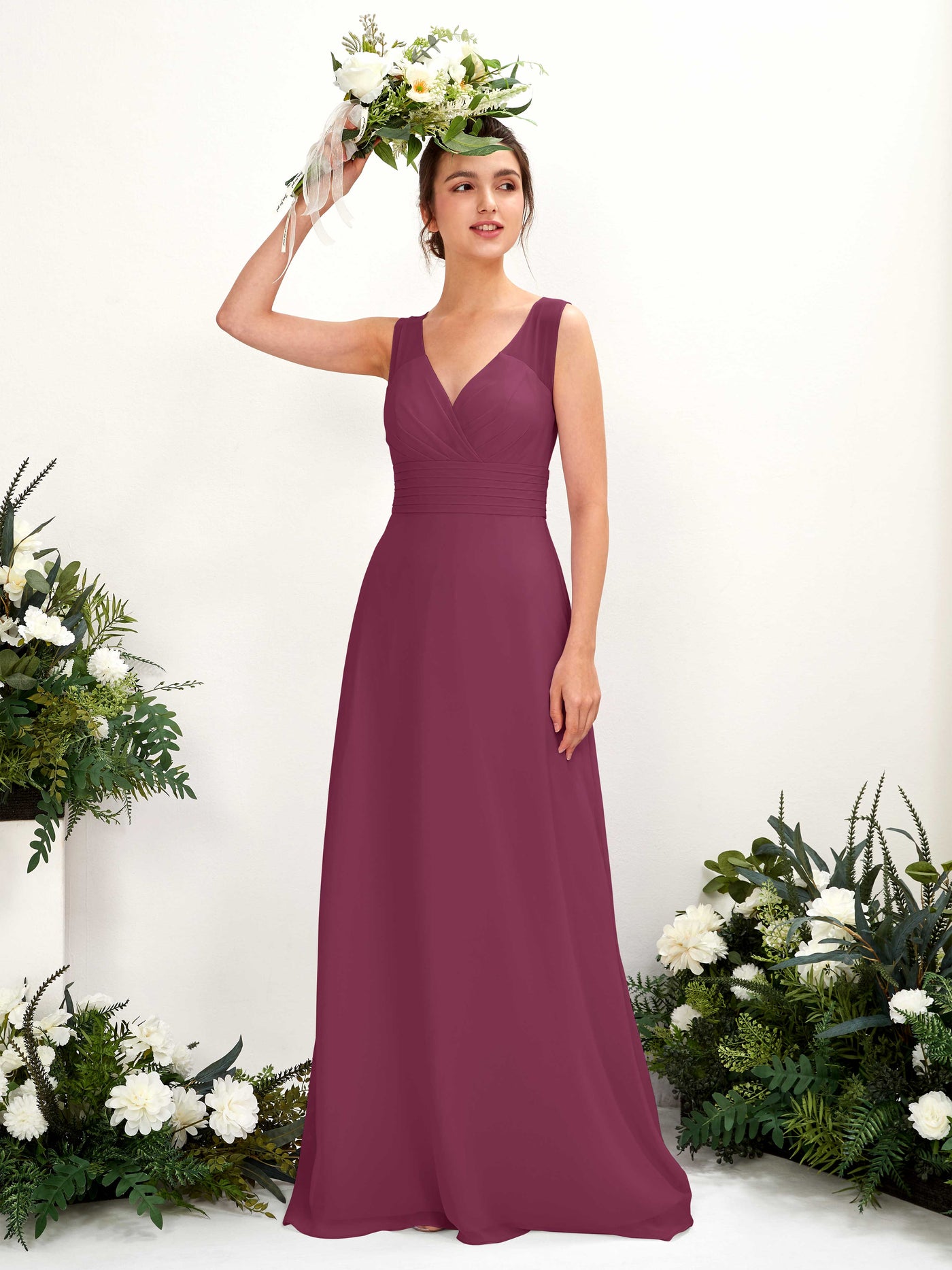 A-line V-neck Sleeveless Chiffon Bridesmaid Dress - Chianti (81220934)#color_chianti