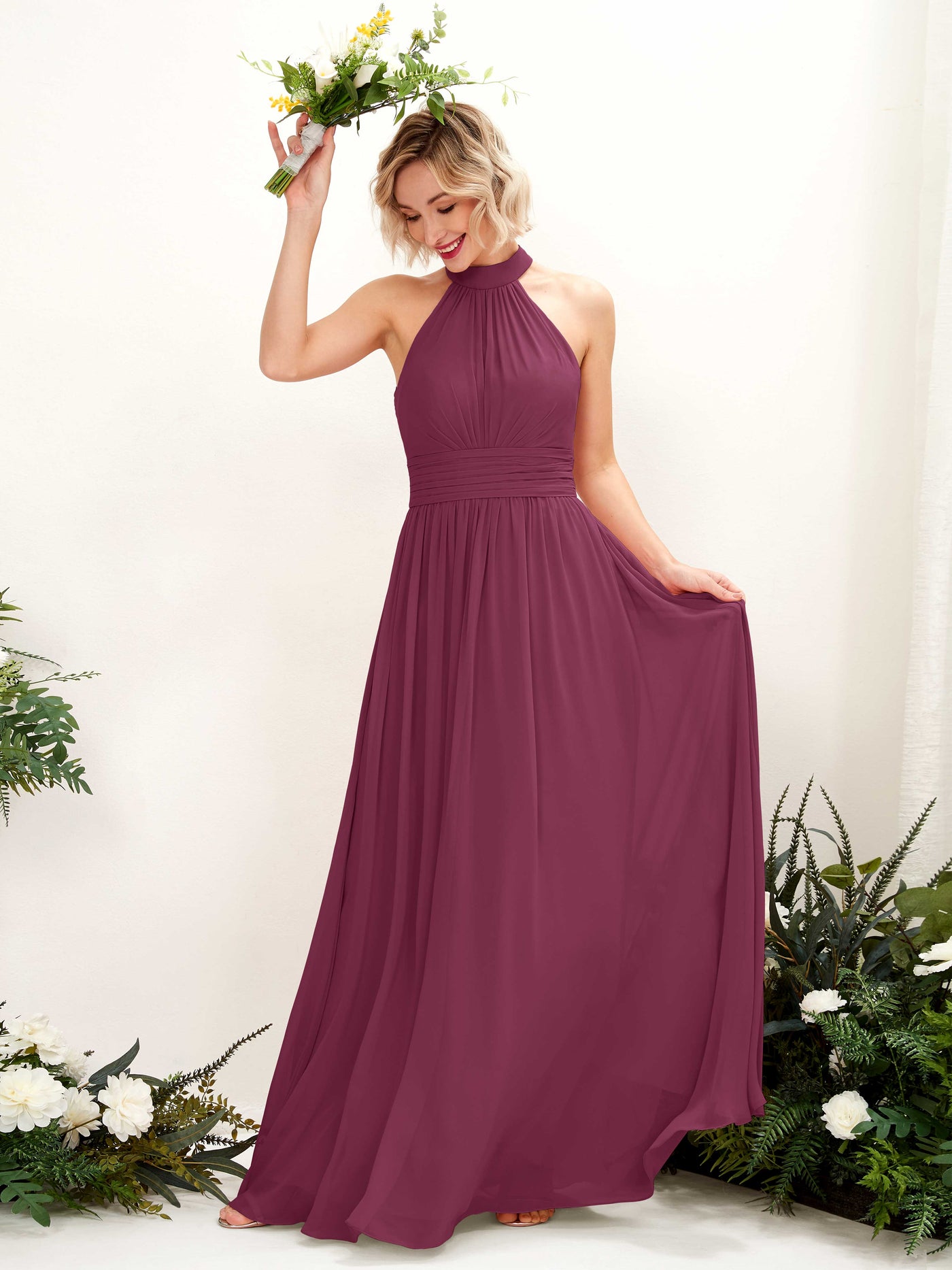 Ball Gown Halter Sleeveless Chiffon Bridesmaid Dress - Chianti (81225334)#color_chianti