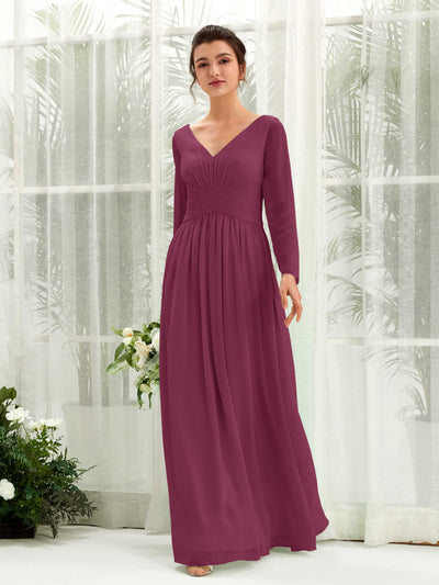 Carlyna Coline A-Line Chianti Bridesmaid Dress Maxi Long Sleeve V-Neck Front View #color_chianti