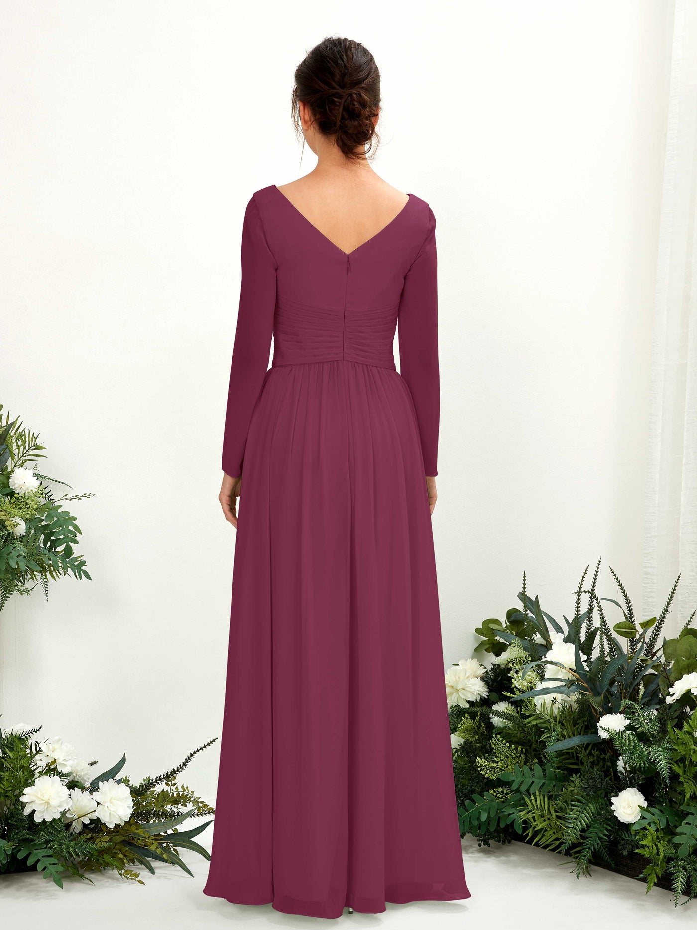 Ball Gown V-neck Long Sleeves Chiffon Bridesmaid Dress - Chianti (81220334)#color_chianti