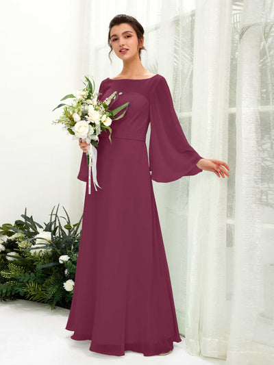 Carlyna Elie A-Line Chianti Bridesmaid Dress Maxi Long Sleeve Boat Neck Front View #color_chianti
