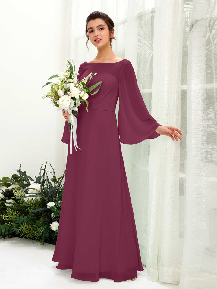 Bateau Illusion Long Sleeves Chiffon Bridesmaid Dress - Chianti (81220534)