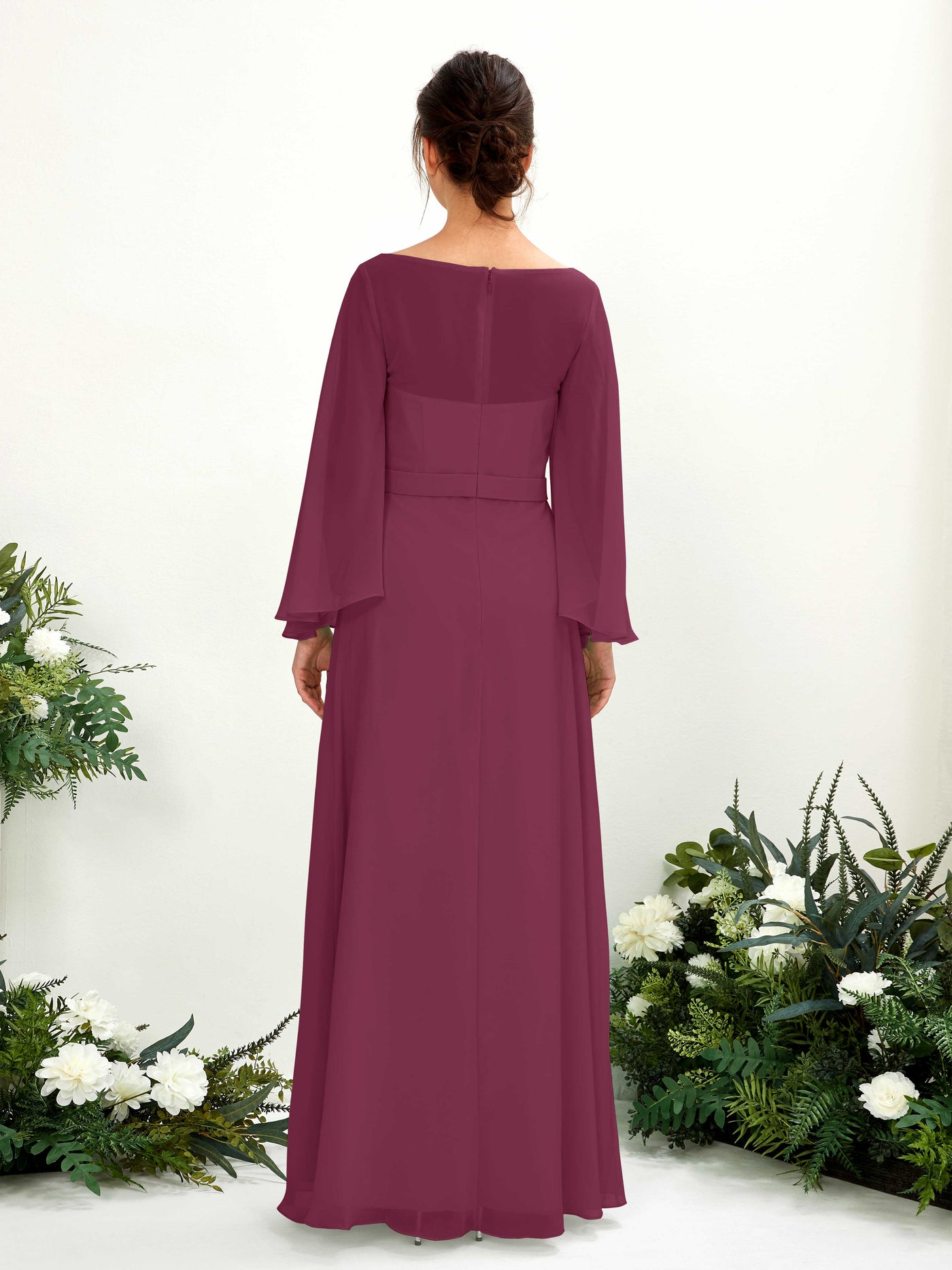 Bateau Illusion Long Sleeves Chiffon Bridesmaid Dress - Chianti (81220534)#color_chianti
