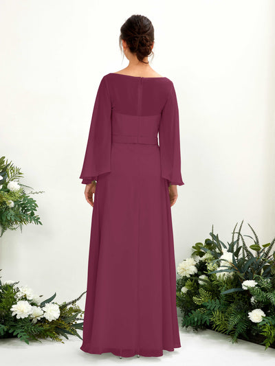 Carlyna Elie A-Line Chianti Bridesmaid Dress Maxi Long Sleeve Boat Neck Back View #color_chianti