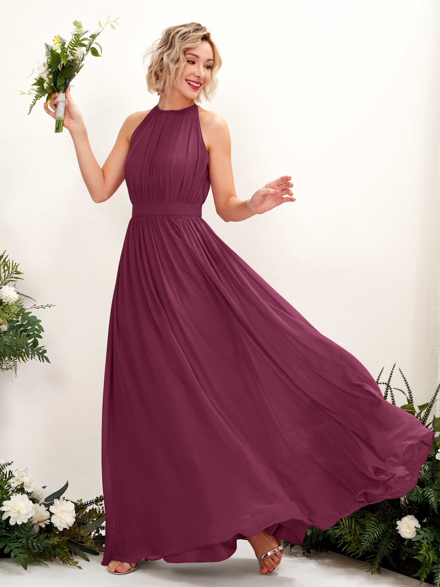 Halter Sleeveless Chiffon Bridesmaid Dress - Chianti (81223134)#color_chianti