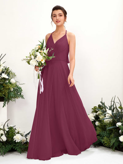 Carlyna Launo A-Line Chianti Bridesmaid Dress Maxi Sleeveless V-Neck Dress #color_chianti