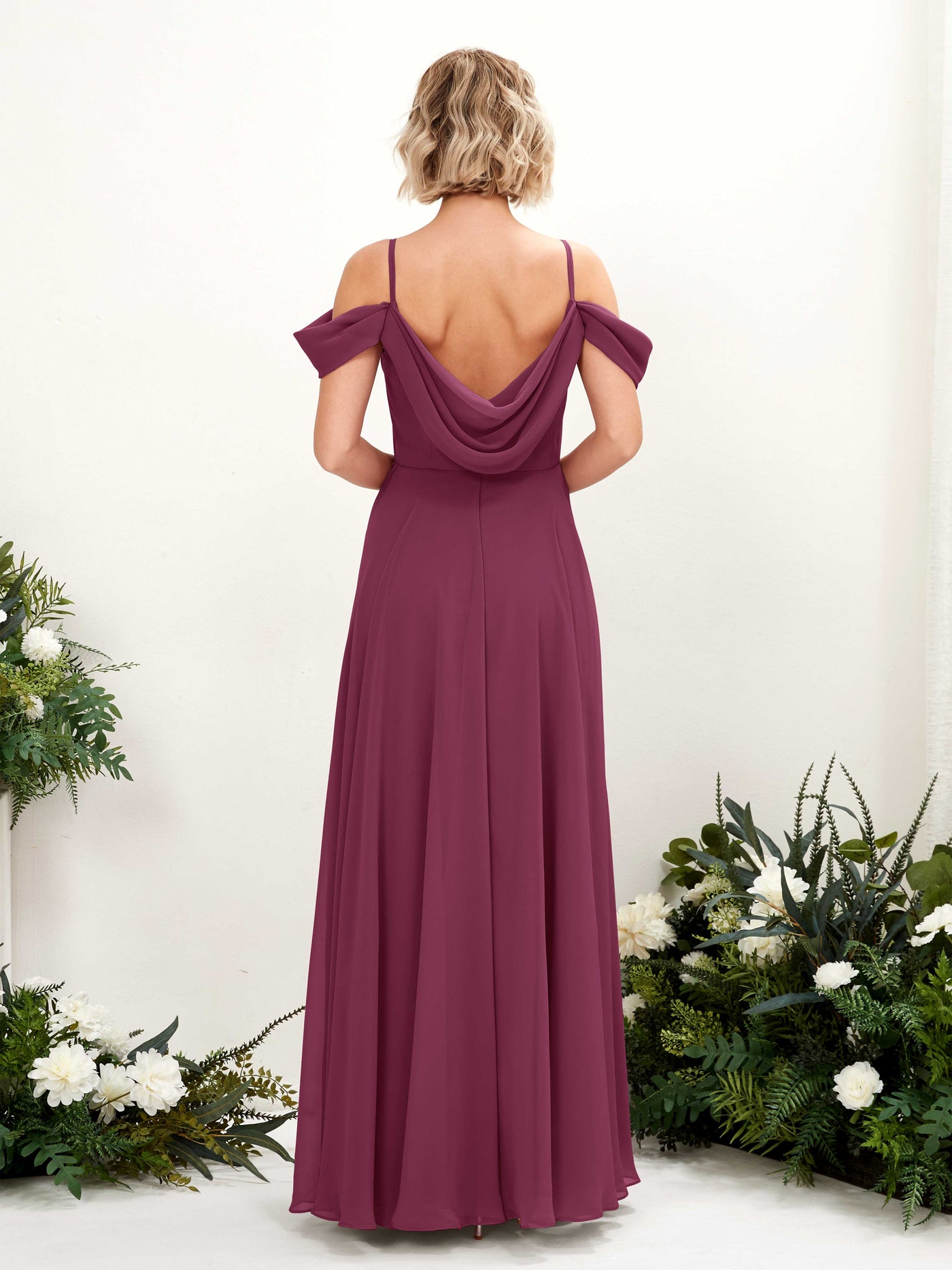 Off Shoulder Straps V-neck Sleeveless Chiffon Bridesmaid Dress - Chianti (81224934)#color_chianti