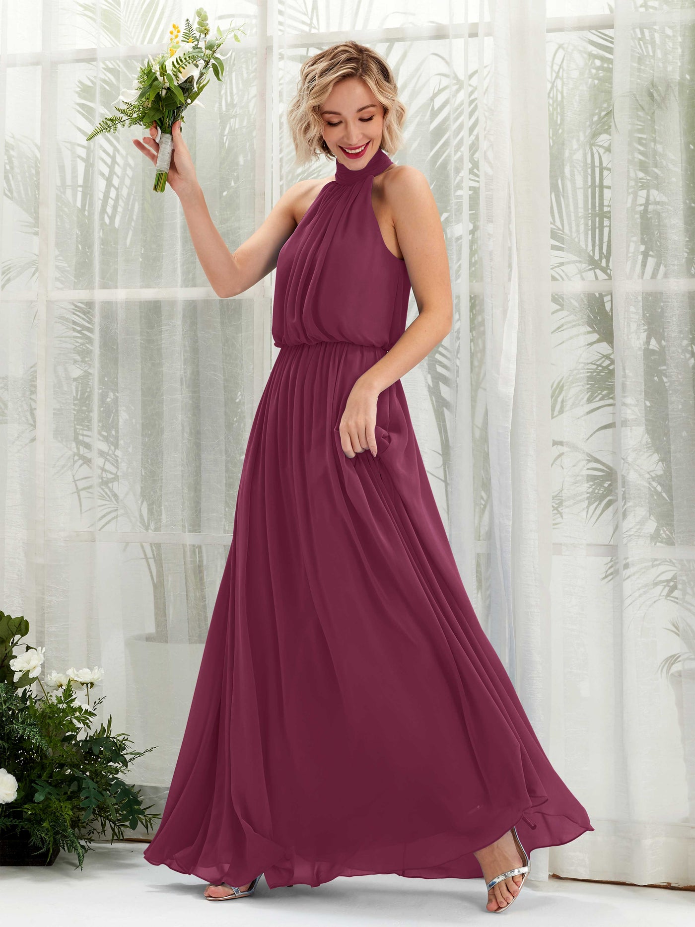 Halter Sleeveless Chiffon Bridesmaid Dress - Chianti (81222934)#color_chianti