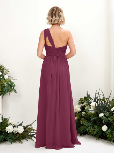 Carlyna Flaze A-Line Chianti Bridesmaid Dress Maxi Sleeveless One Shoulder Dress Back View #color_chianti
