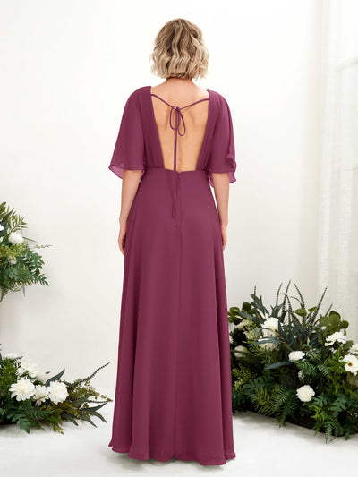 Carlyna Dhea A-Line Chianti Bridesmaid Dress Maxi Short Sleeve V-Neck Dress Back View #color_chianti