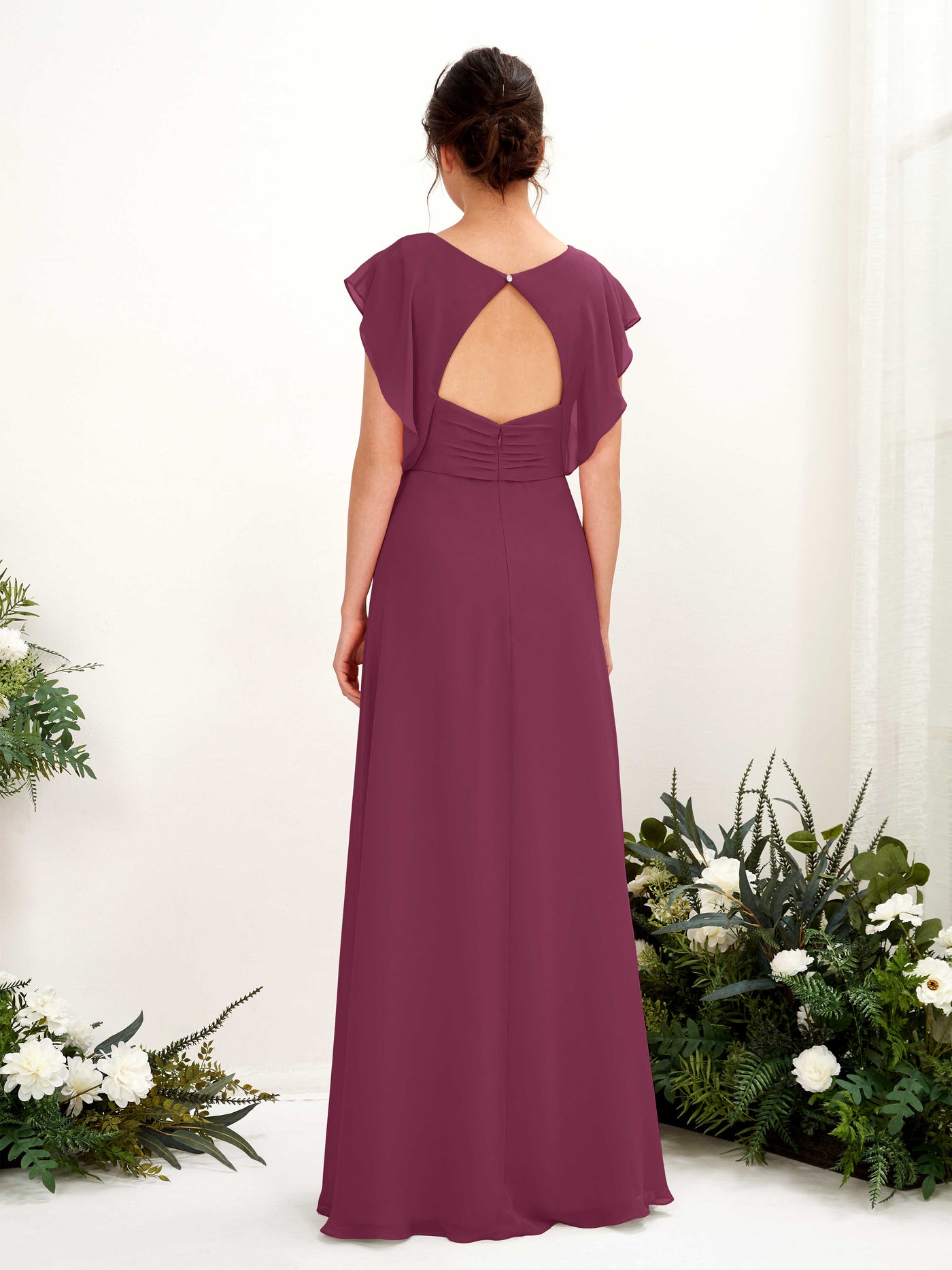 V-neck Cap Sleeves Bridesmaid Dress - Chianti (81225634)#color_chianti