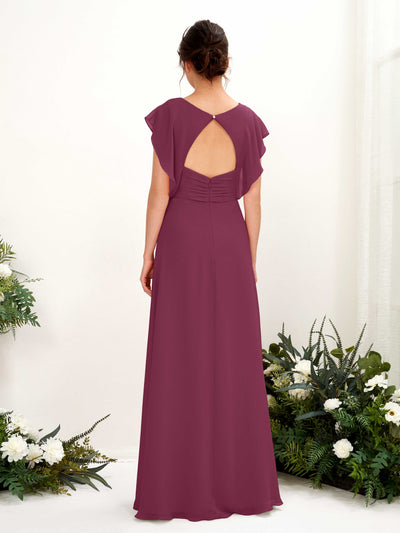 Carlyna Annie A-Line Chianti Bridesmaid Dress Maxi Cap Sleeve V-Neck Dress Back View #color_chianti