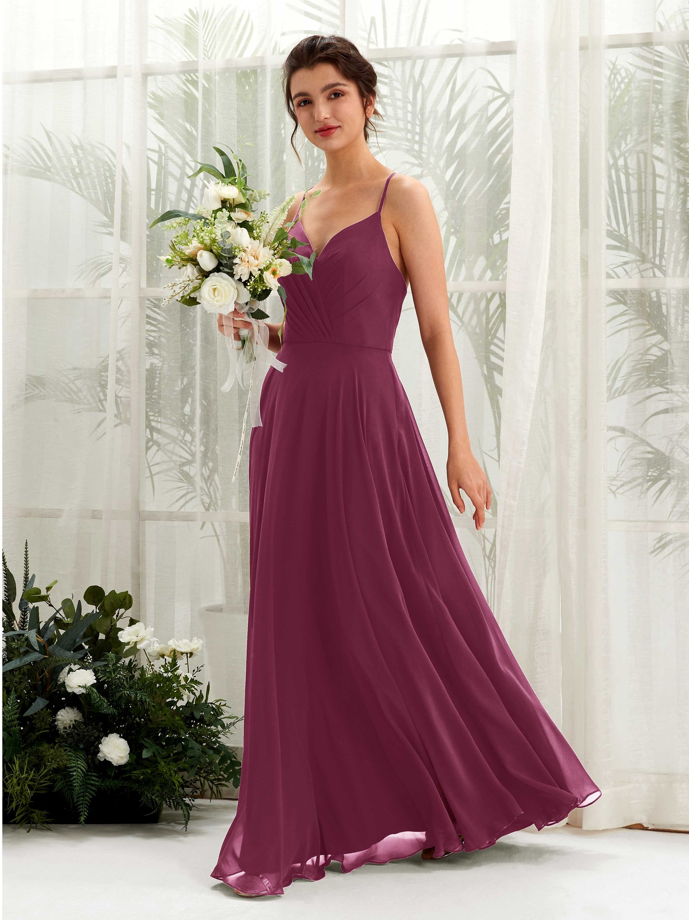 Spaghetti-straps V-neck Sleeveless Bridesmaid Dress - Chianti (81224234)#color_chianti