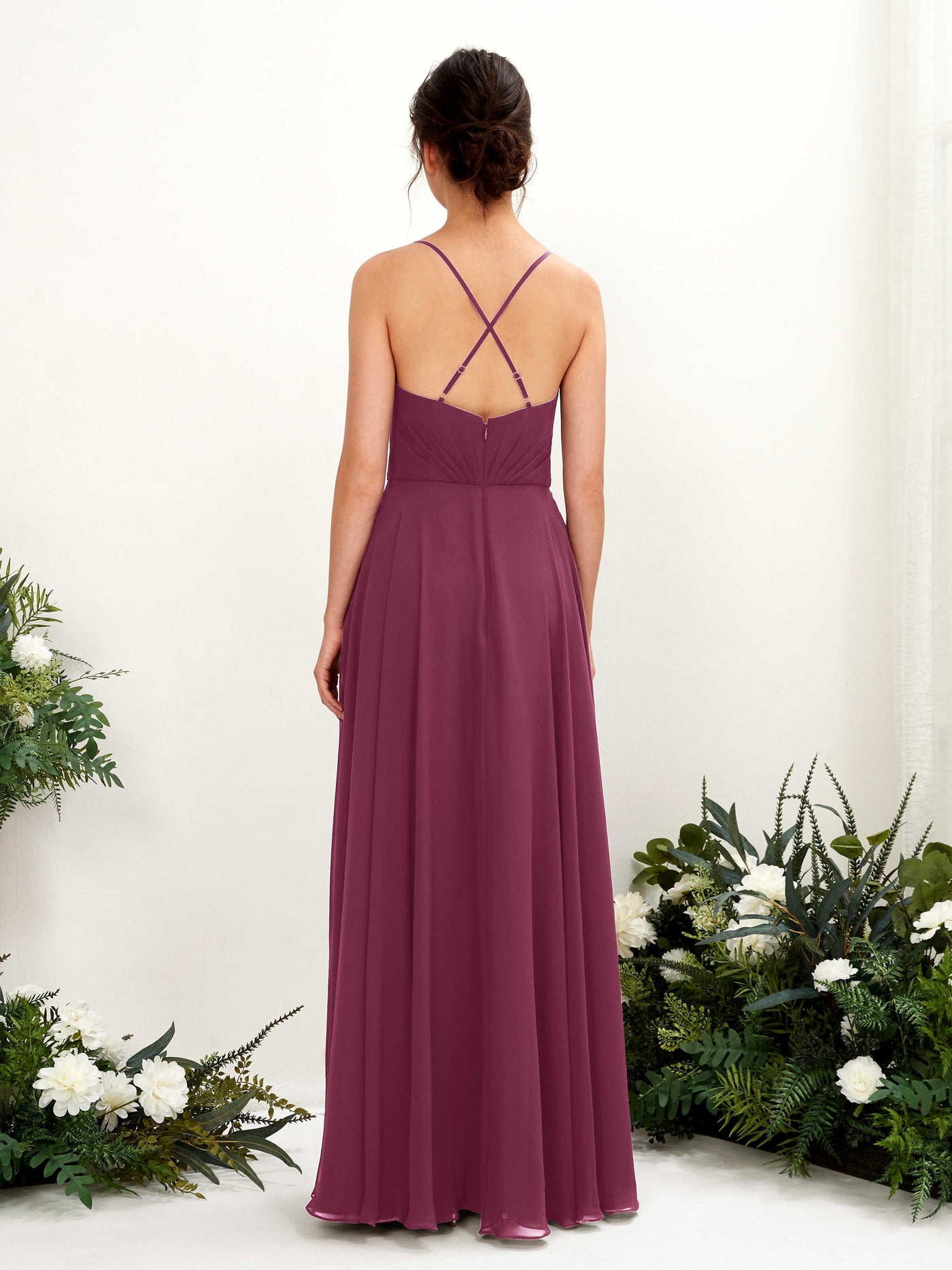 Spaghetti-straps V-neck Sleeveless Bridesmaid Dress - Chianti (81224234)#color_chianti