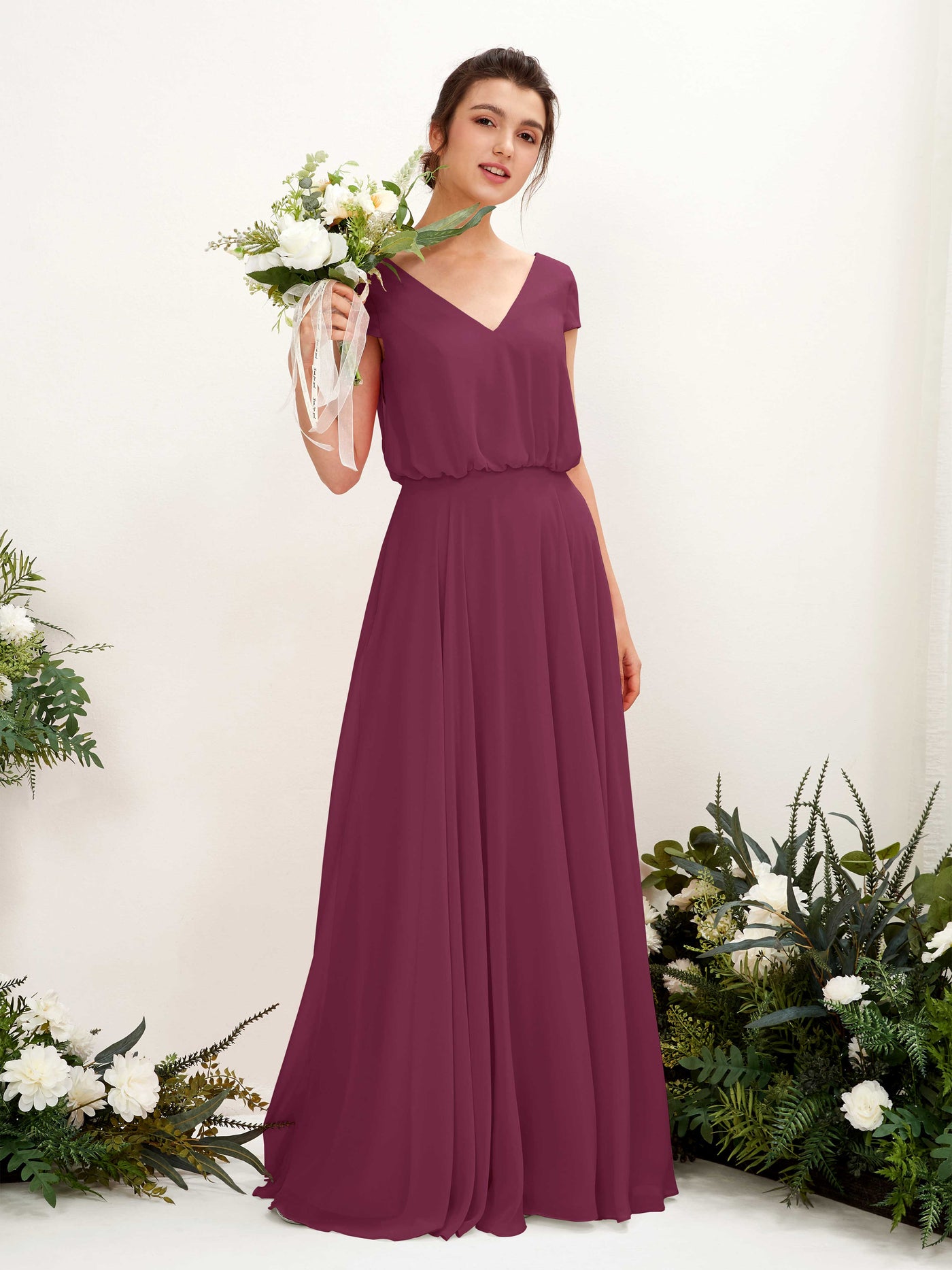 V-neck Cap Sleeves Chiffon Bridesmaid Dress - Chianti (81221834)#color_chianti