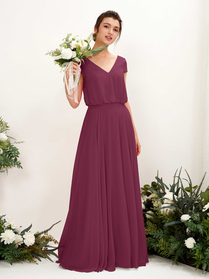 V-neck Cap Sleeves Chiffon Bridesmaid Dress - Chianti (81221834)